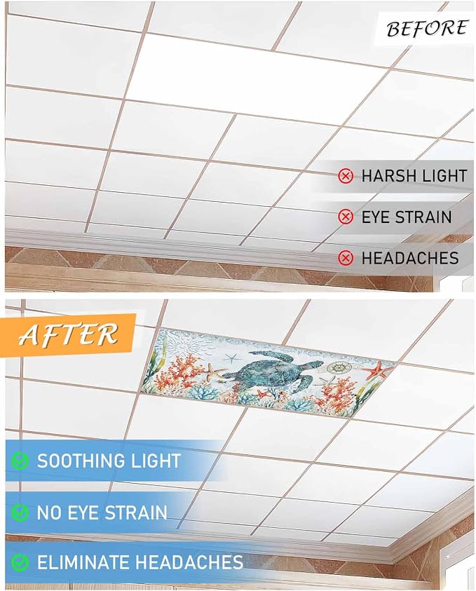 2 Pack Teal Blue Sea Turtle Fluorescent Light Covers Coastal Ocean Coral - Image 7