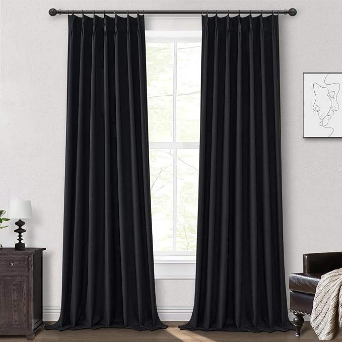 Long Black Pinch Pleat Linen Blackout Curtains 100 Inches Long by QJMYDECO