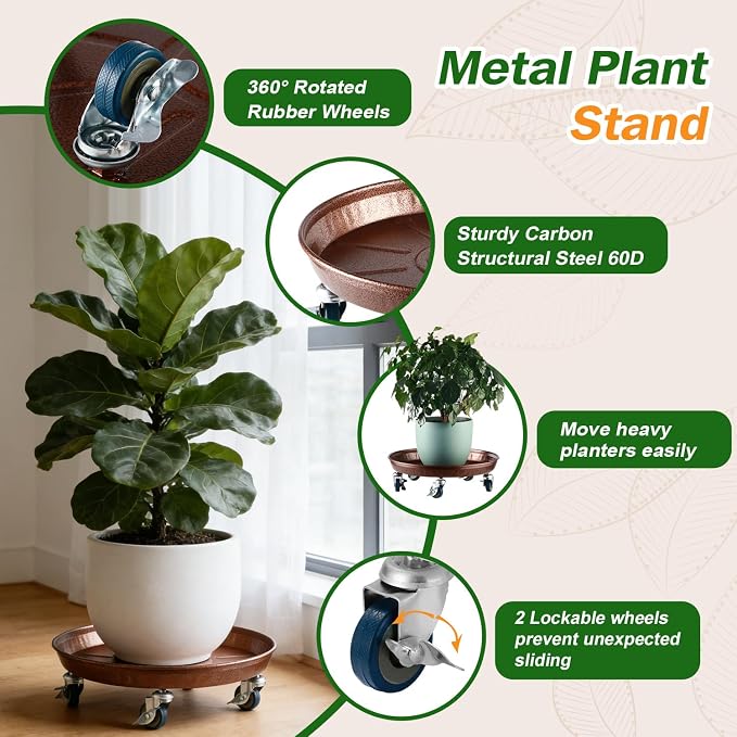 3 Packs Metal Plant Caddy with Wheels 13" Rolling Plant Stand Heavy Duty Plant - Image 3