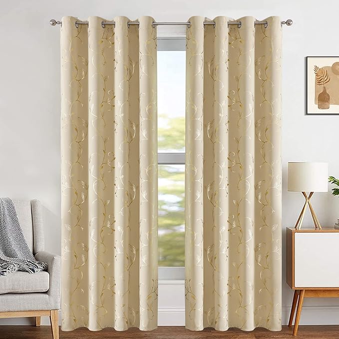 BUHUA Blackout Curtains Gold Foil Print Flower Vine Grommet Drapes, Room - Image 6