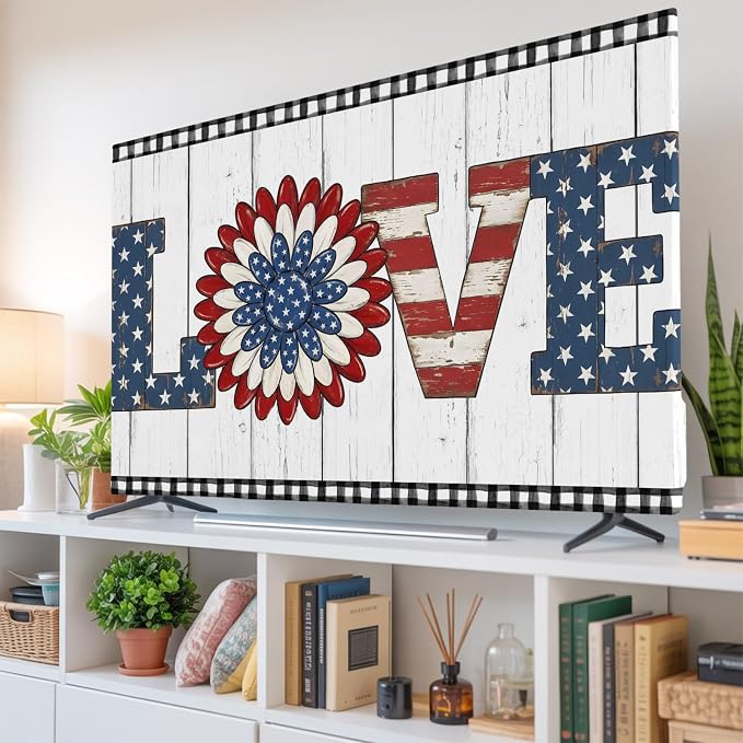 4th of July Patriotic LOVE Text Flower Indoor TV Cover, Elastic TV Screen - Image 6