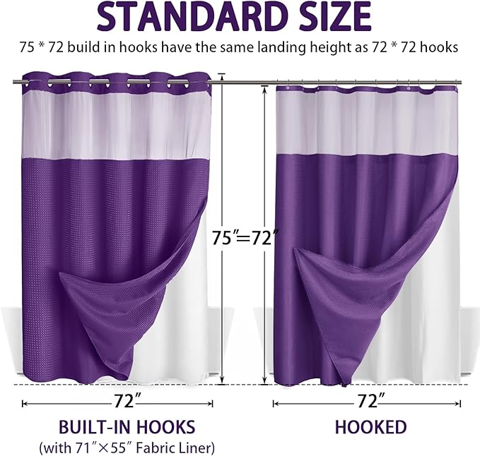 No Hook Shower Curtain and Liner Set, Deep Purple Hotel Waffle Shower Curtain - Image 6