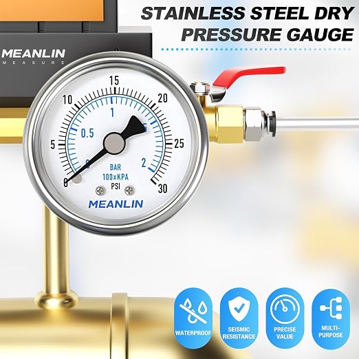 MEANLIN MEASURE 0~30Psi Dry Low Pressure Gauge Stainless Steel 1/4" NPT 2" FACE - Image 7