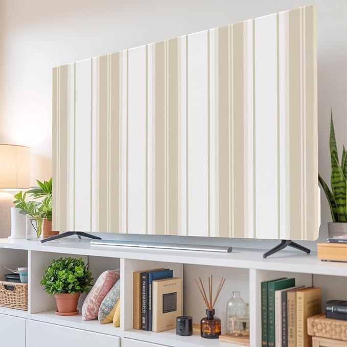 Minimalist Vertical Stripes Indoor TV Cover, Elastic TV Screen Protector Beige - Image 6