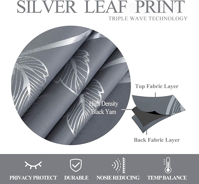BUHUA Light Grey Floral Print Curtains Silver Wave Vine Pattern Blackout - Image 6
