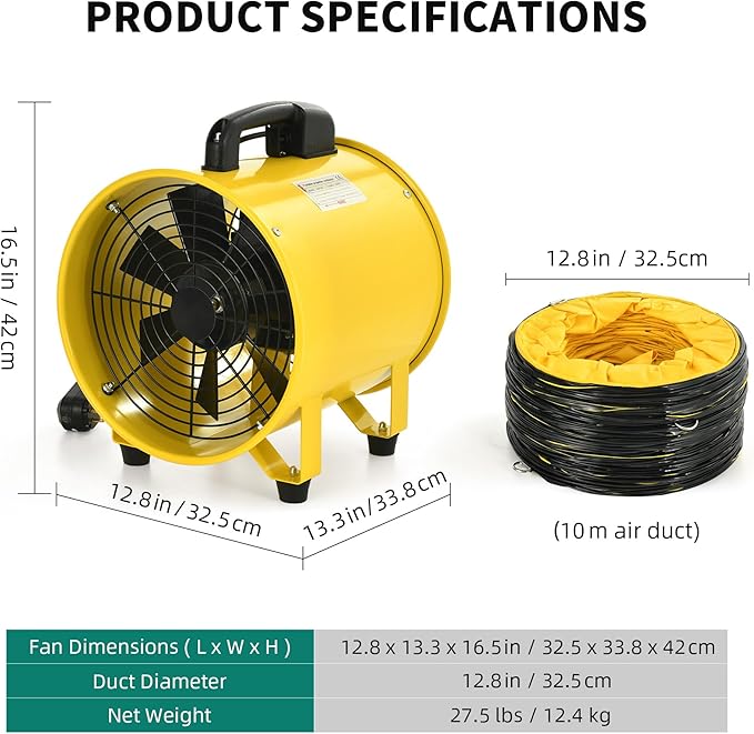 YITAHOME Utility Blower Fan 12 Inch, Two Speed Portable Exhaust Fan, Extractor - Image 8