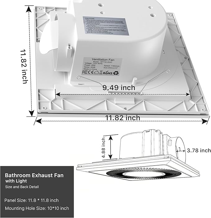 Bathroom Exhaust Fan with Light 11.8IN 165 CFM 1.2 Sones Shower Bathroom Vent - Image 6