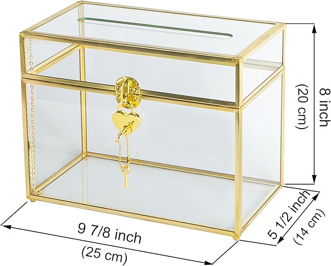 Glass Wedding Card Box with Slot, 10.2 inch Clear Card Box Gold Brass Gift Card - Image 6