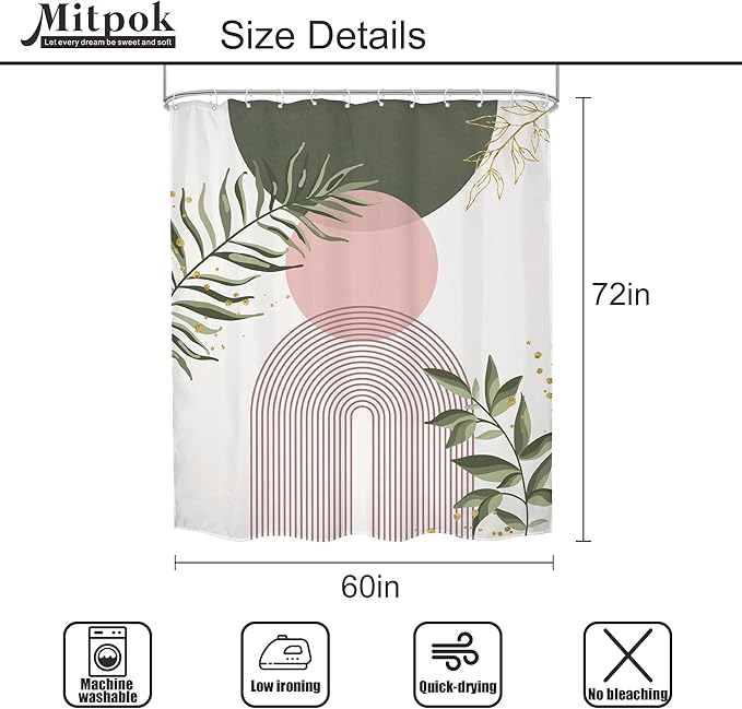 Pink Sage Green Boho Shower Curtain 60Wx72H Mid Century Modern Abstract Gold - Image 5