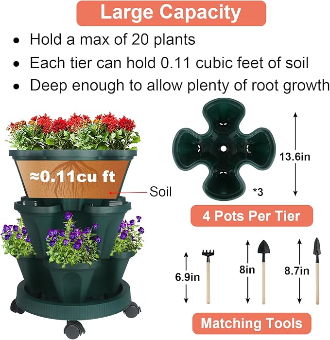 GameXcel Vertical Planter 3 Tier Stackable Planters Garden Planters Strawberry - Image 5