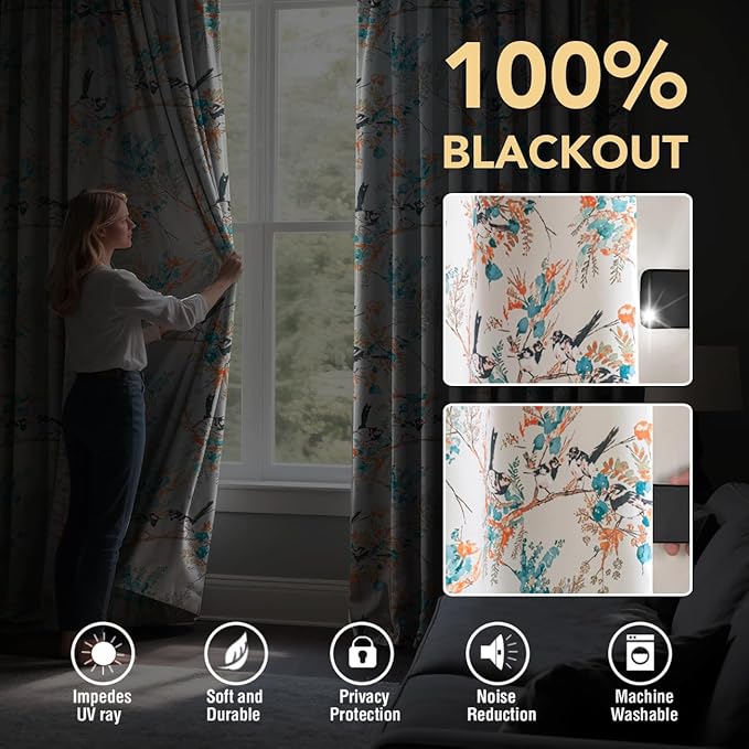 H.VERSAILTEX Floral 100% Blackout Curtains 84 inch Length 2 Panels Printed - Image 3