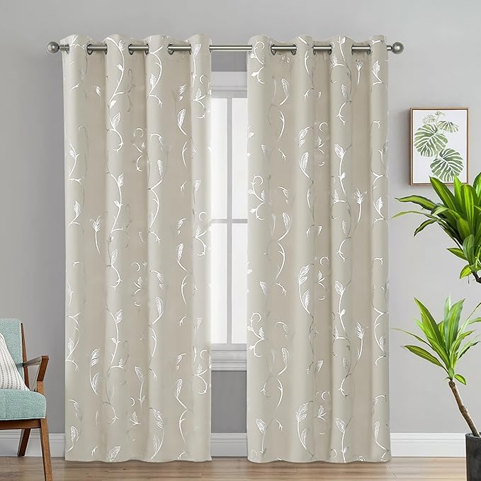 BUHUA Blackout Curtains Silver Foil Print Flower Vine Grommet Drapes, Room - Image 2