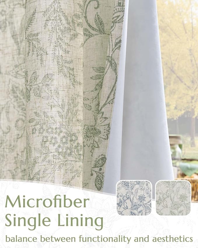 Vangao Lined Linen Curtains for Bedroom Floral Curtains 63 Inches Long Green - Image 3