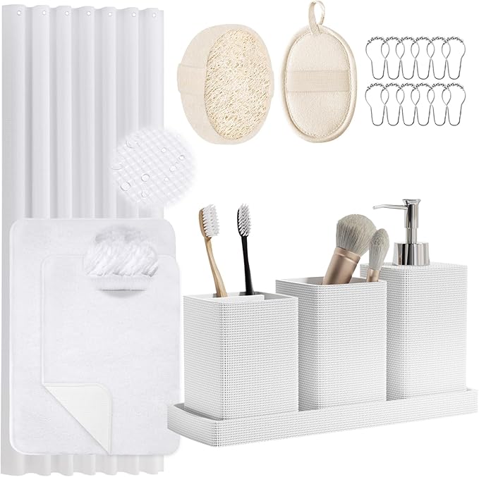White Bathroom Set, Natural Loofah Sponge, Soap Dispenser, Toothbrush Holder by LetUsMakeHomeYourFavoriteDestination