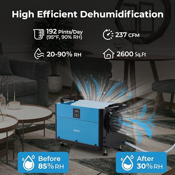 COSTWAY 192 PPD Commercial Dehumidifier, 2600 Sq.Ft Crawl Space Dehumidifier - Image 4