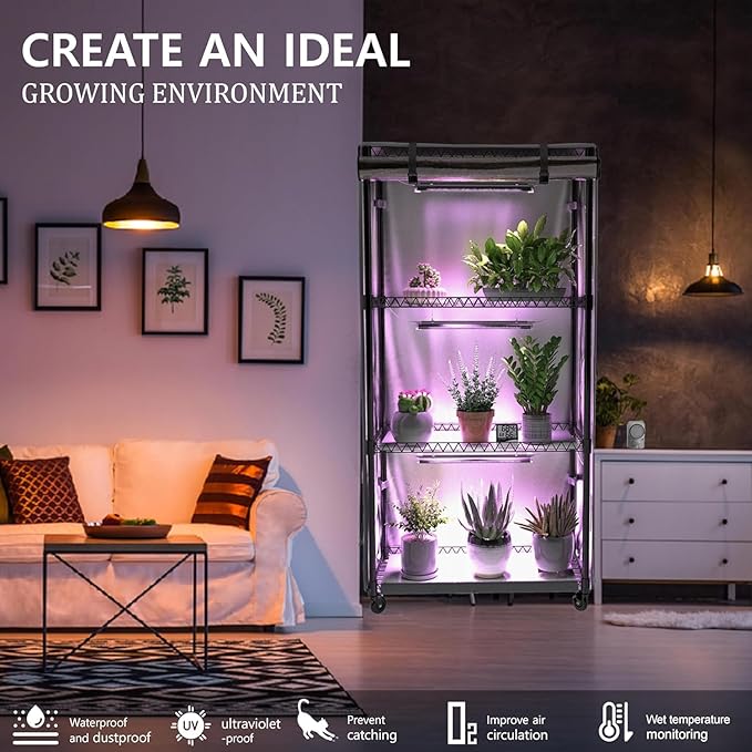 Indoor Greenhouse with Clear Cover – 4-Tier Portable Plant Stand with 3 T8 Grow - Image 9