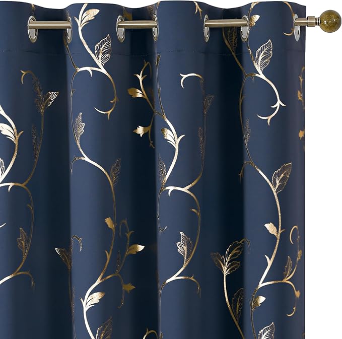 BUHUA Blackout Curtains Gold Foil Print Flower Vine Grommet Drapes, Room by BUHUA