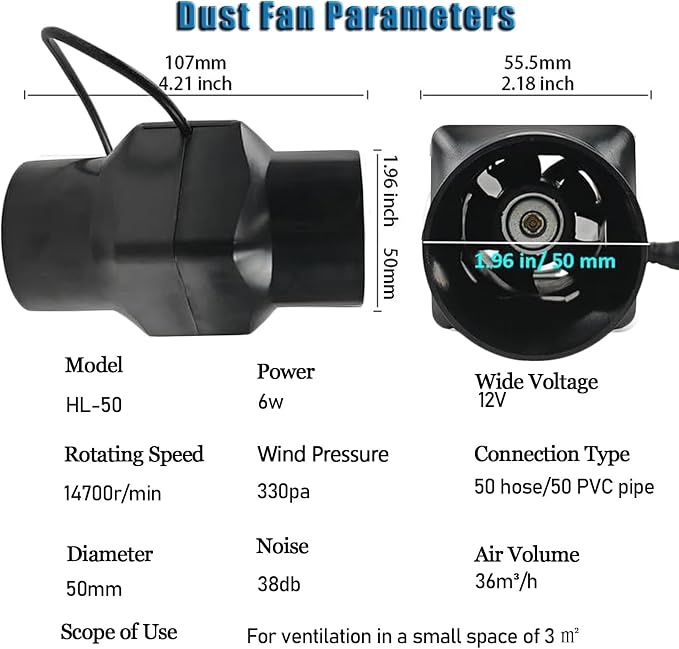 2“ Inline Duct Fan 12V 22 Cfm HVAC Quiet Exhaust Blower Small Ventilation Fan - Image 2