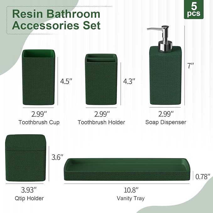 Dark Green Bathroom Accessories Set 5 Pieces, Resin Toothbrush Holders Set - Image 7