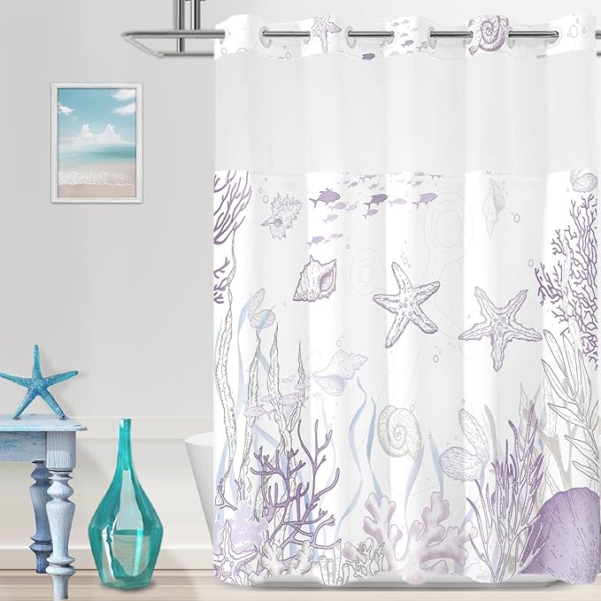 No Hook Shower Curtain with Snap in Liner, Beach Ocean Nautical Coastal Shower by TWLSNCD