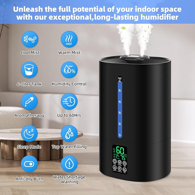 6L Humidifiers for Bedroom Large Room Home, Cool and Warm Humidifier for Baby - Image 4