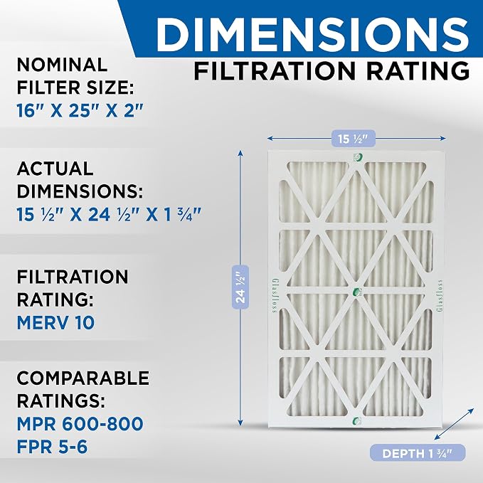 Glasfloss 16x25x2 MERV 10 2" Inch Pleated Air Filters Box of 6. Actual Size: - Image 2
