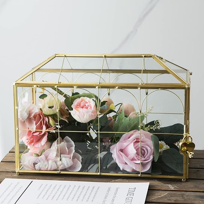 Glass Wedding Card Box with Slot, 12.6 inch Large Clear Card Box Gold Brass - Image 2