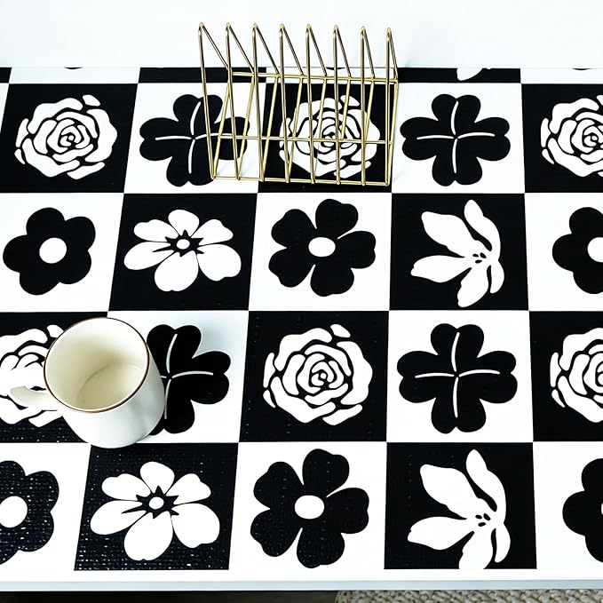 Shelf Liners Non Adhesive Black & White Checkerboard Floral - Image 8