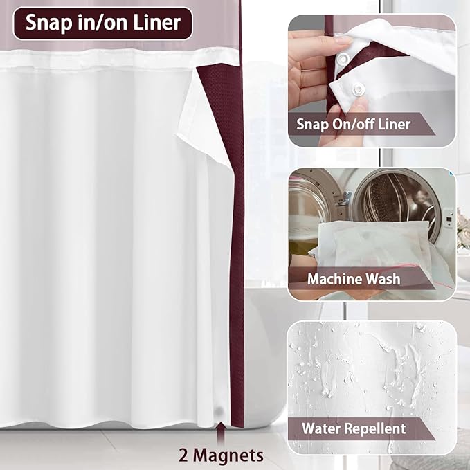 No Hook Shower Curtain and Liner Set, Burgundy Hotel Waffle Shower Curtain - Image 4