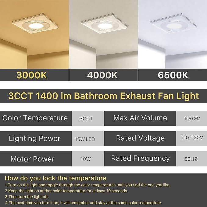 Bathroom Exhaust Fan with Light 11.8IN 165 CFM 1.2 Sones Shower Bathroom Vent - Image 4