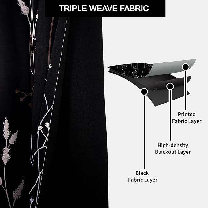 Black Leaves Blackout Curtains 63 Inch Length, Room Darkening Curtains - Image 3
