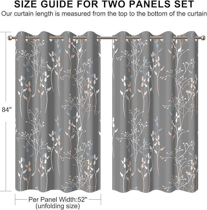 Gray-Blue Leaves Blackout Curtains 84 Inches, Room Darkening Curtains - Image 8