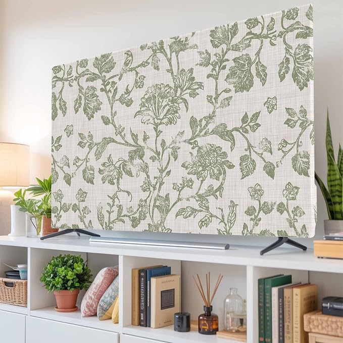Retro Farm Flower Leaves Texture Indoor TV Cover, Elastic TV Screen Protector by Unknown
