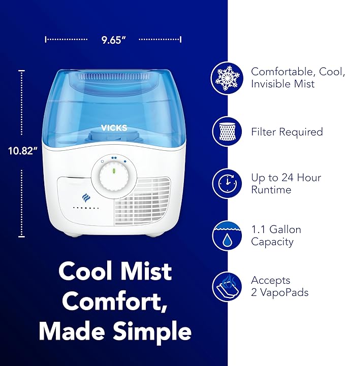 Vicks Filtered Cool Mist Humidifier, Medium Room, 1.1 Gallon Tank - Image 2