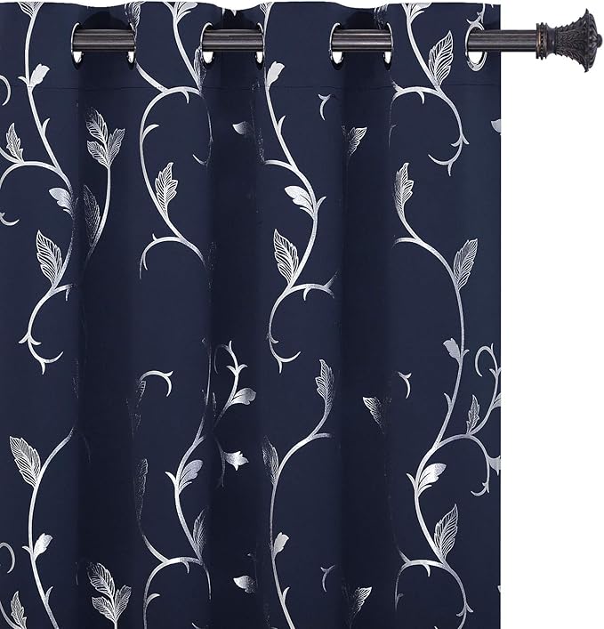 BUHUA Blackout Curtains 63 Inch Length Striped Wave Vine Print Thermal by BUHUA