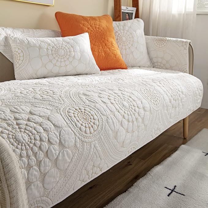 vctops Boho Circle Embroidery Couch Sofa Cover Solid Color Cotton Quilted by vctops