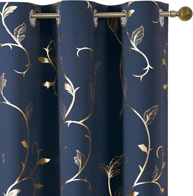 BUHUA Blackout Curtains Gold Foil Print Flower Vine Grommet Drapes, Room by BUHUA