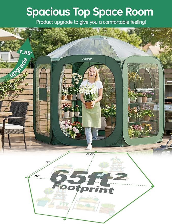 Porayhut Pop up Greenhouse Tent, Portable Large Walk-in Plant House 10’X10’ - Image 2