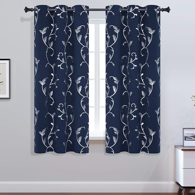 BUHUA Navy Blackout Curtains Thermal Insulated Silver Shinny Vine Pattern - Image 2