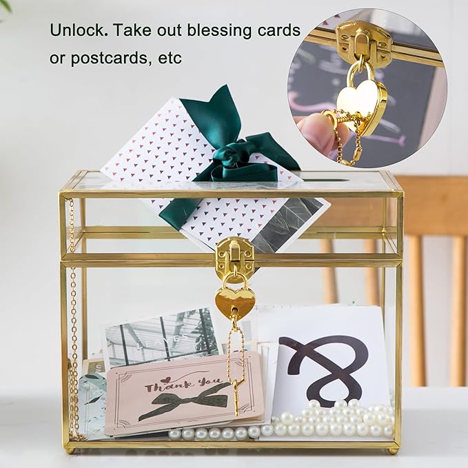 Glass Wedding Card Box with Slot and Lock, Large Clear Card Box Gold Brass Gift - Image 4