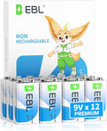 EBL 9 Volt Batteries 12 Pack, 7-Year Shelf Life, Long-Lasting Alkaline 9V by EBL