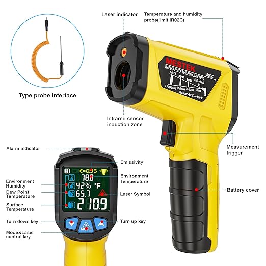 MESTEK Infrared Thermometer Gun -58°F to 1472°F, Digital Temperature Gun/K-Type - Image 9