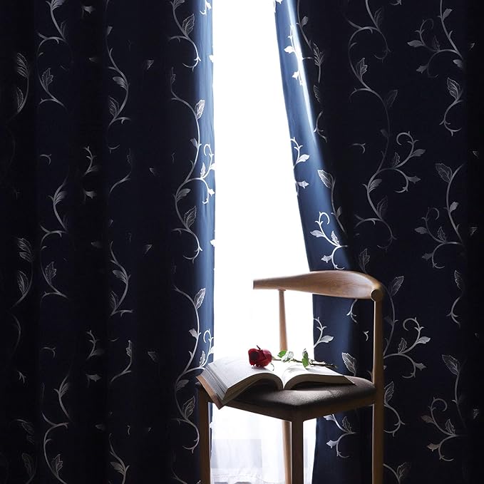 BUHUA Navy Room Darkening Curtains Printed Flower Vine Noise Reducing Window - Image 8