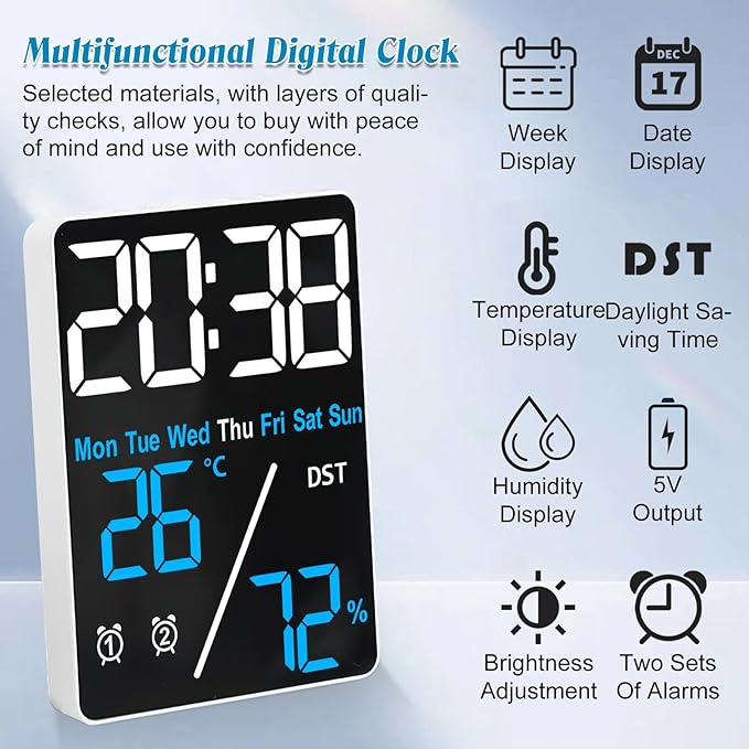 Digital Room Thermometer Hygrometer Alarm Clock, 5.9 inch Desktop Accurate - Image 3