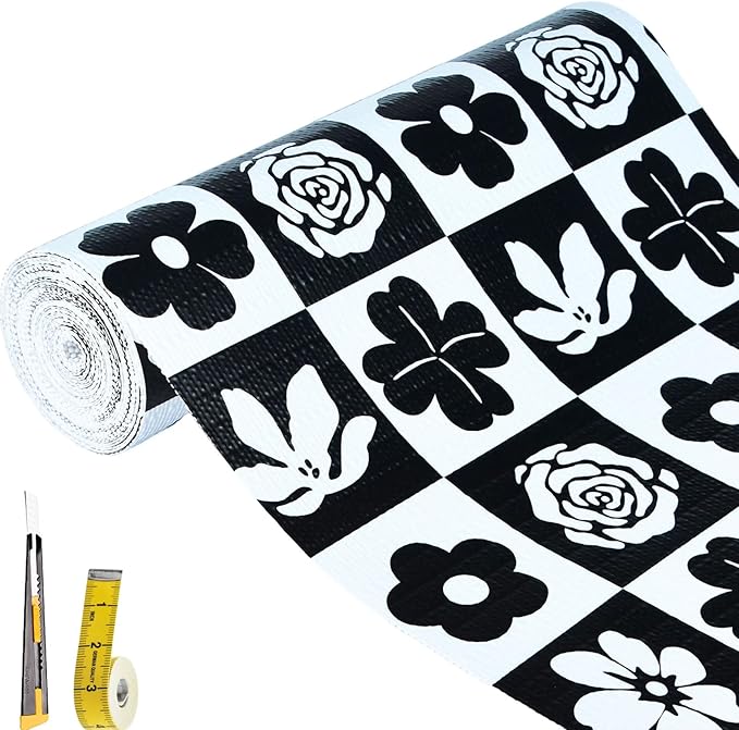 Shelf Liners Non Adhesive Black & White Checkerboard Floral by Oneoftheworld