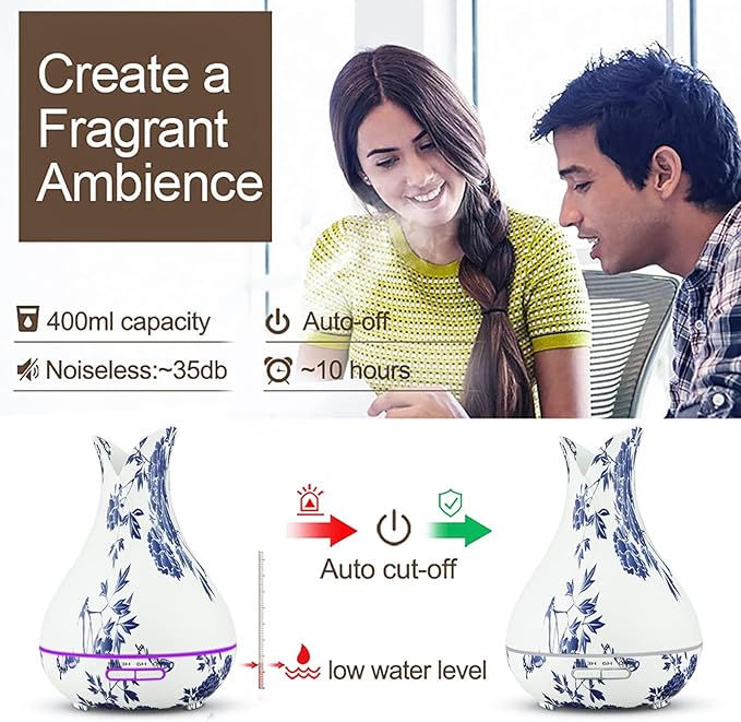 Oriental Blue-and-White Floral Pattern Grain Aroma Diffuser Ultrasonic Cool - Image 9