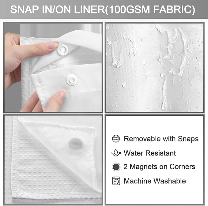 No Hook Shower Curtain with Fabric Liner White Hotel Waffle 75" L x 72" W - Image 5