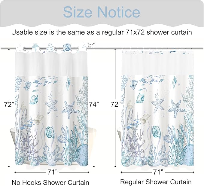No Hook Shower Curtain with Snap in Liner, Beach Ocean Nautical Coastal Shower - Image 8