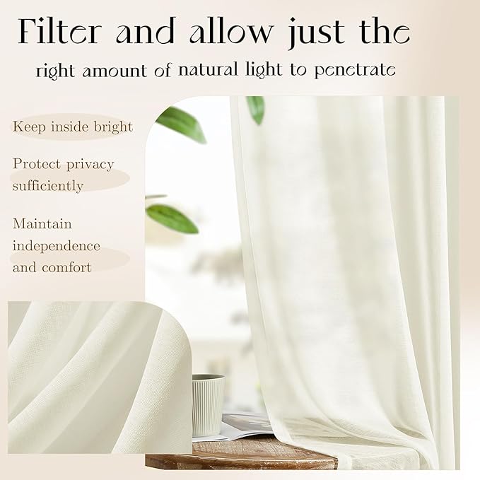 Dreaming Casa Ivory Sheer Curtains 102 Inches Long, Rod Pocket & Back Tab Light - Image 4