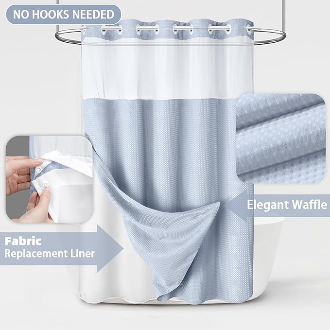 No Hook Shower Curtain and Liner Set, Mist Blue Hotel Waffle Shower Curtain - Image 3